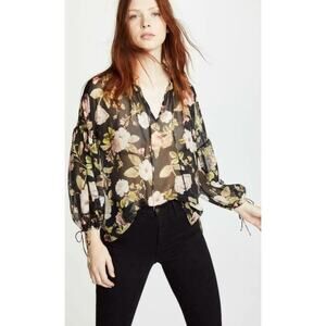 Alice + Olivia Silk Floral Blouson Sleeve Top Navy Sheer Boho Chic 70's Romantic